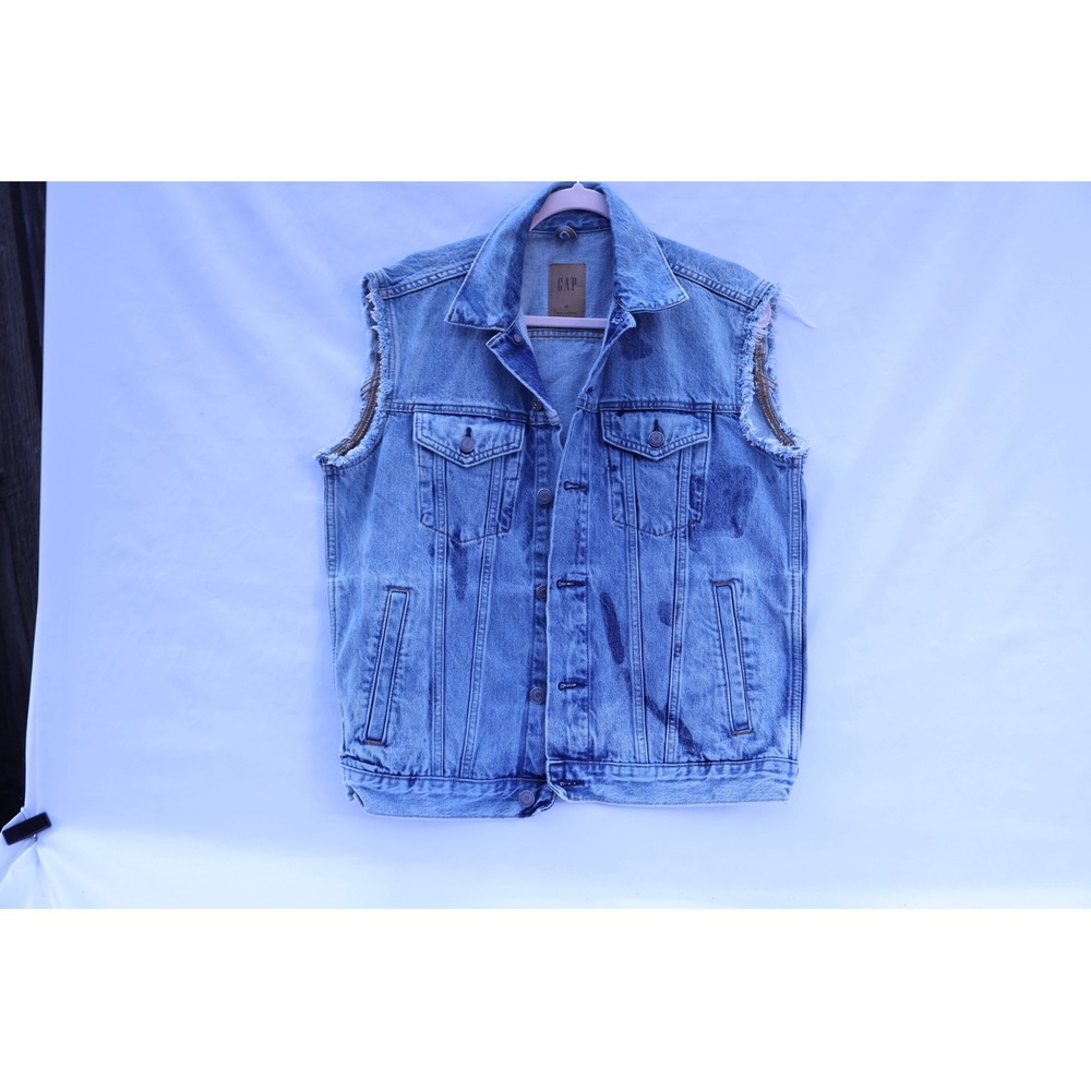 Gap Mens Denim Vest Light Wash Blue Sleeveless Frayed Trucker Jacket Size M
